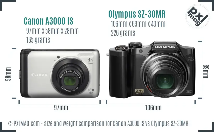 Canon A3000 IS vs Olympus SZ-30MR size comparison Canon A3000 IS vs Olympus SZ-30MR size comparison