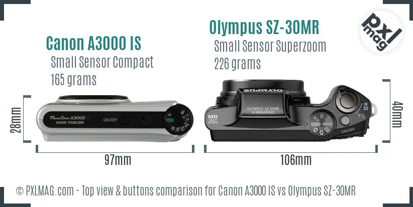 Canon A3000 IS vs Olympus SZ-30MR top view buttons comparison