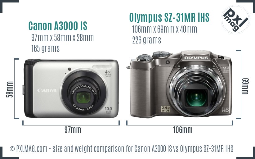 Canon A3000 IS vs Olympus SZ-31MR iHS size comparison Canon A3000 IS vs Olympus SZ-31MR iHS size comparison