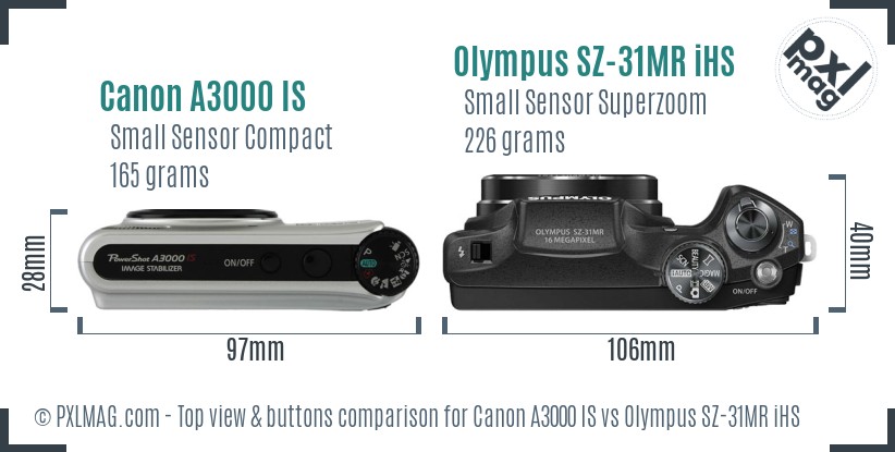 Canon A3000 IS vs Olympus SZ-31MR iHS top view buttons comparison