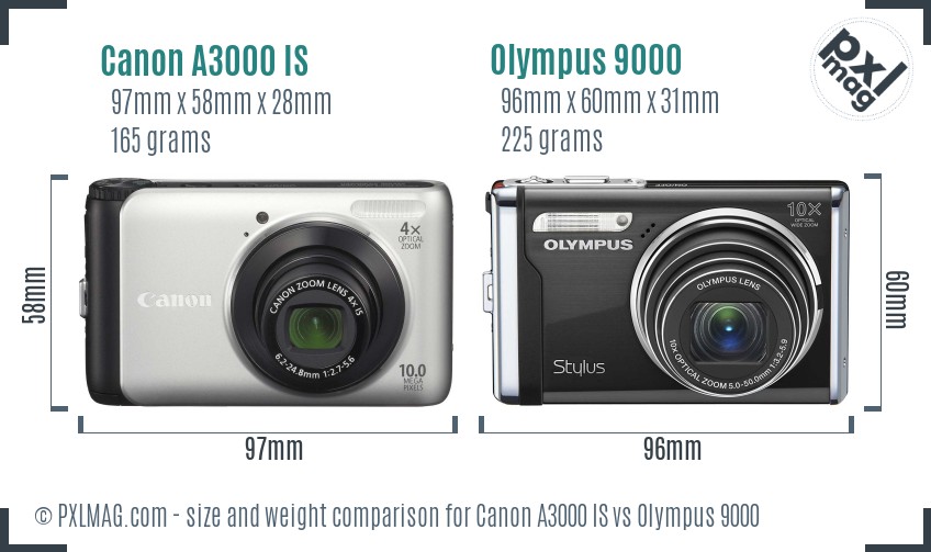 Canon A3000 IS vs Olympus 9000 size comparison