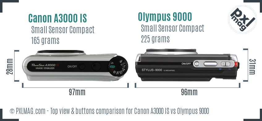 Canon A3000 IS vs Olympus 9000 top view buttons comparison