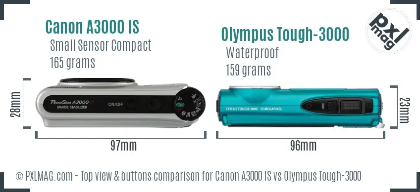 Canon A3000 IS vs Olympus Tough-3000 top view buttons comparison