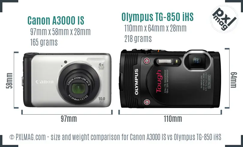 Canon A3000 IS vs Olympus TG-850 iHS size comparison