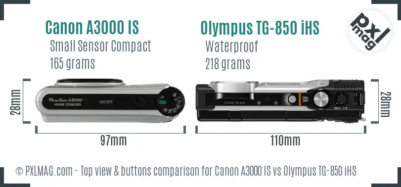 Canon A3000 IS vs Olympus TG-850 iHS top view buttons comparison