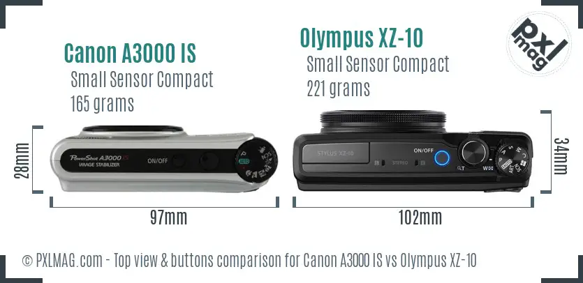 Canon A3000 IS vs Olympus XZ-10 top view buttons comparison