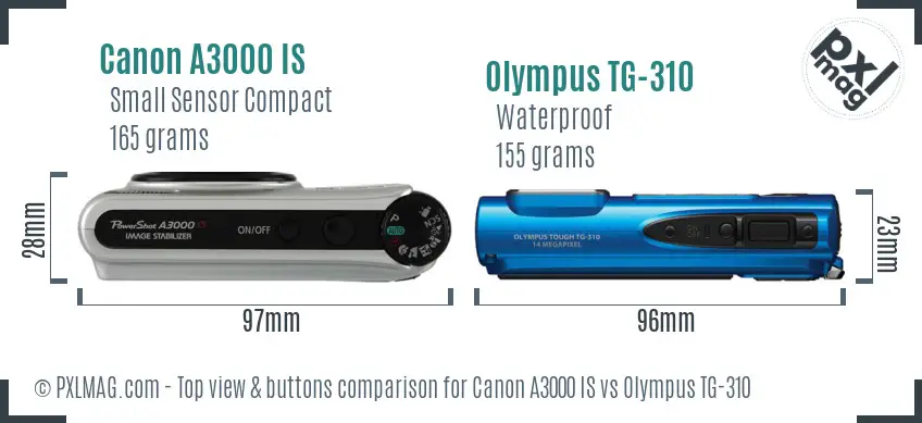 Canon A3000 IS vs Olympus TG-310 top view buttons comparison