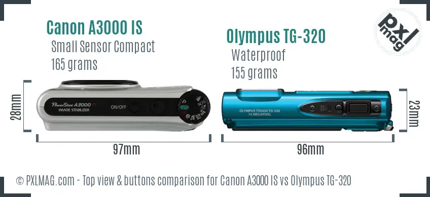 Canon A3000 IS vs Olympus TG-320 top view buttons comparison