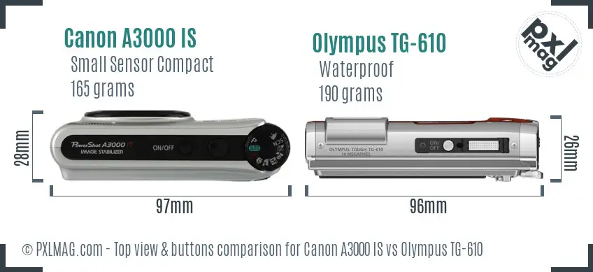 Canon A3000 IS vs Olympus TG-610 top view buttons comparison