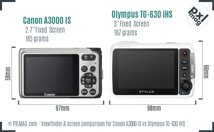 Canon A3000 IS vs Olympus TG-630 iHS Screen and Viewfinder comparison