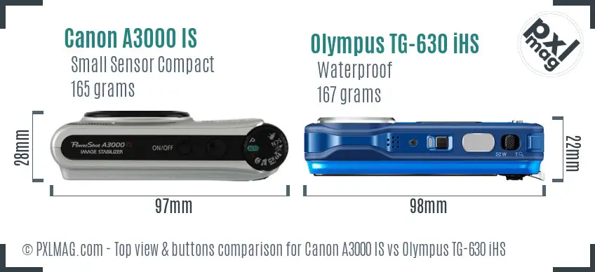 Canon A3000 IS vs Olympus TG-630 iHS top view buttons comparison