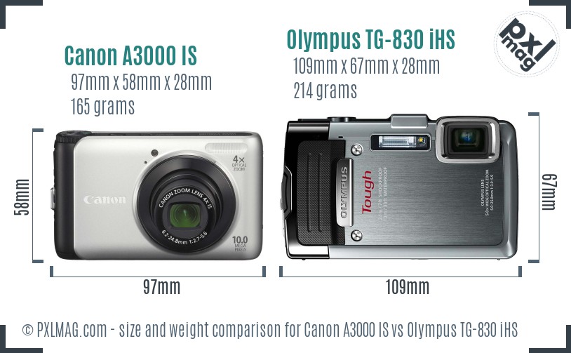 Canon A3000 IS vs Olympus TG-830 iHS size comparison