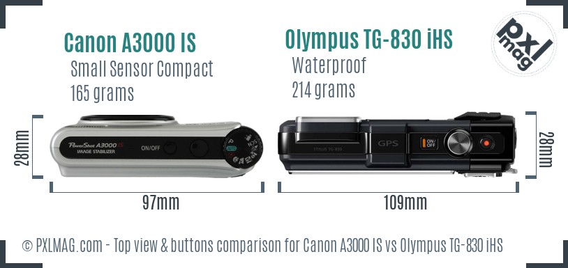 Canon A3000 IS vs Olympus TG-830 iHS top view buttons comparison