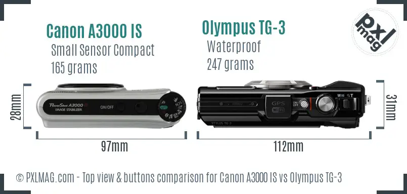 Canon A3000 IS vs Olympus TG-3 top view buttons comparison Canon A3000 IS vs Olympus TG-3 top view buttons comparison