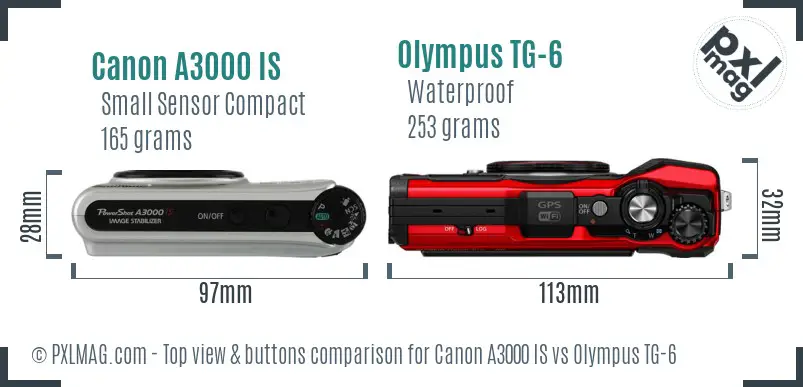 Canon A3000 IS vs Olympus TG-6 top view buttons comparison Canon A3000 IS vs Olympus TG-6 top view buttons comparison