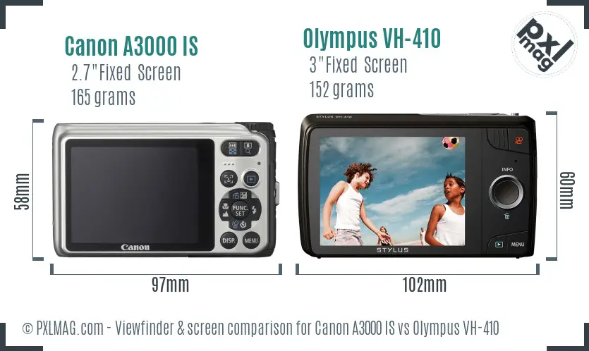 Canon A3000 IS vs Olympus VH-410 Screen and Viewfinder comparison