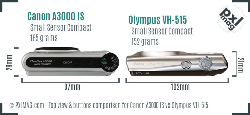 Canon A3000 IS vs Olympus VH-515 top view buttons comparison Canon A3000 IS vs Olympus VH-515 top view buttons comparison