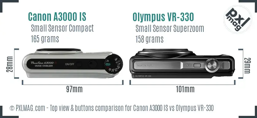 Canon A3000 IS vs Olympus VR-330 top view buttons comparison
