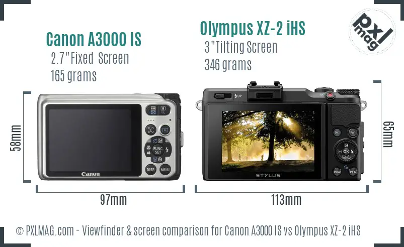 Canon A3000 IS vs Olympus XZ-2 iHS Screen and Viewfinder comparison