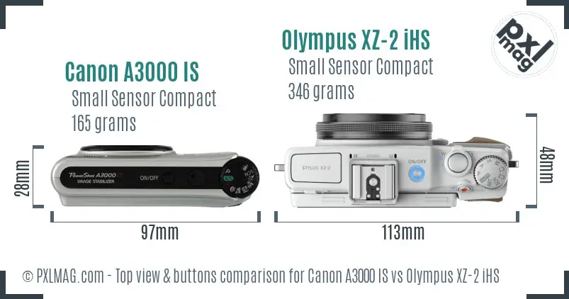 Canon A3000 IS vs Olympus XZ-2 iHS top view buttons comparison