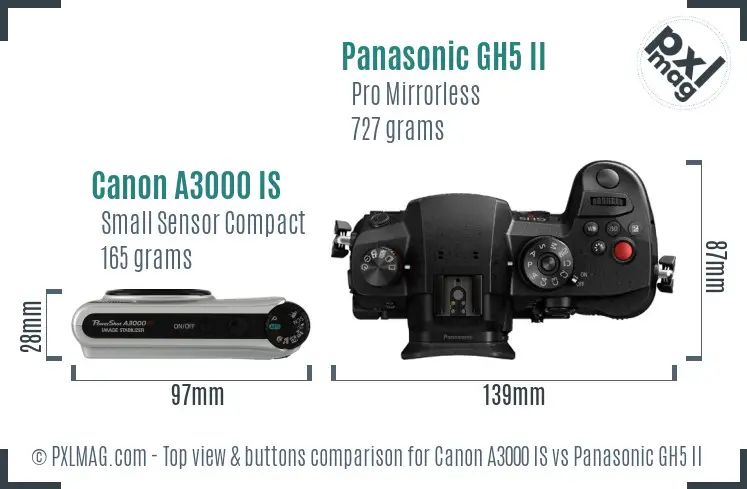Canon A3000 IS vs Panasonic GH5 II top view buttons comparison