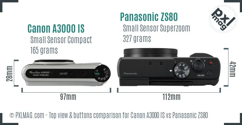 Canon A3000 IS vs Panasonic ZS80 top view buttons comparison