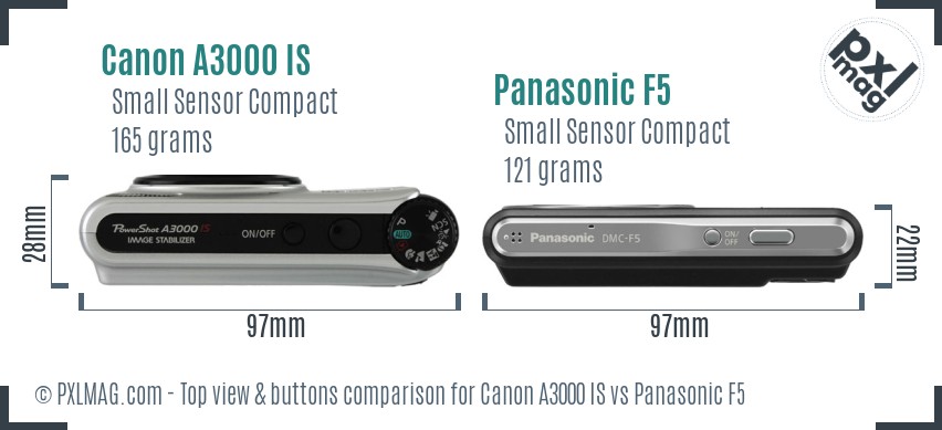 Canon A3000 IS vs Panasonic F5 top view buttons comparison