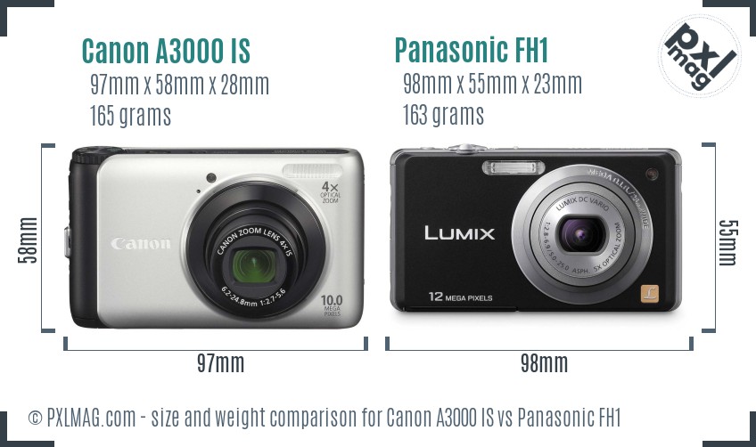 Canon A3000 IS vs Panasonic FH1 size comparison