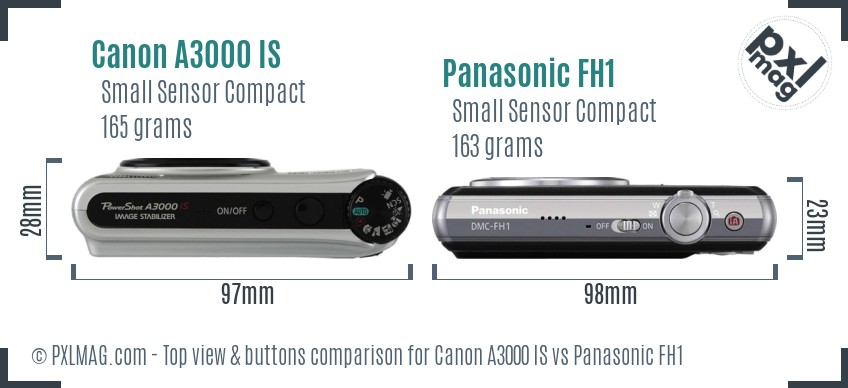 Canon A3000 IS vs Panasonic FH1 top view buttons comparison