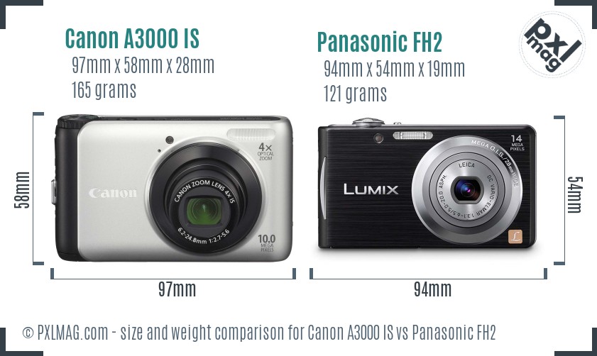 Canon A3000 IS vs Panasonic FH2 size comparison