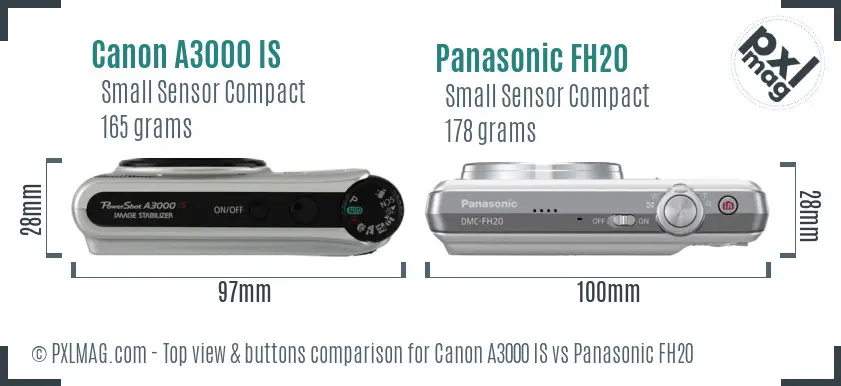Canon A3000 IS vs Panasonic FH20 top view buttons comparison