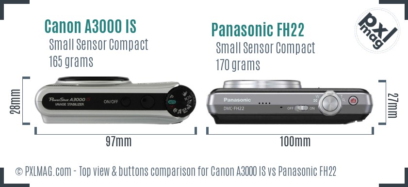 Canon A3000 IS vs Panasonic FH22 top view buttons comparison