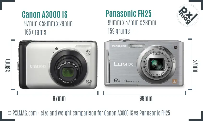 Canon A3000 IS vs Panasonic FH25 size comparison