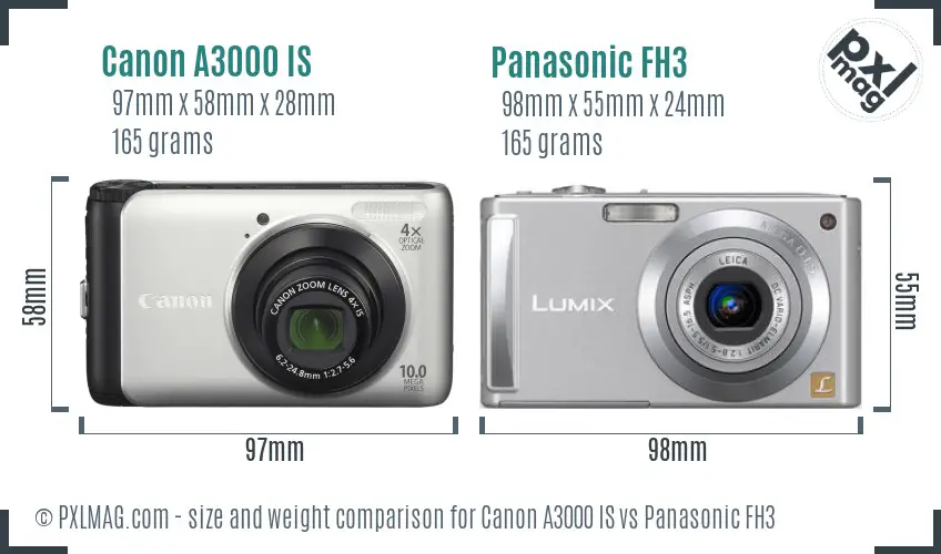 Canon A3000 IS vs Panasonic FH3 size comparison