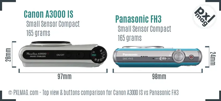 Canon A3000 IS vs Panasonic FH3 top view buttons comparison