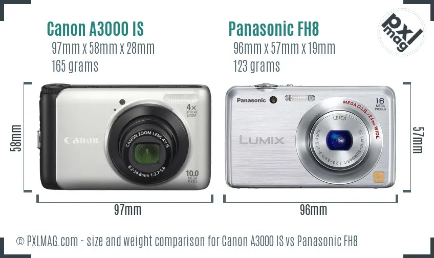 Canon A3000 IS vs Panasonic FH8 size comparison