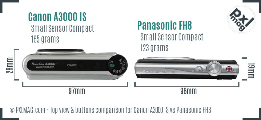 Canon A3000 IS vs Panasonic FH8 top view buttons comparison