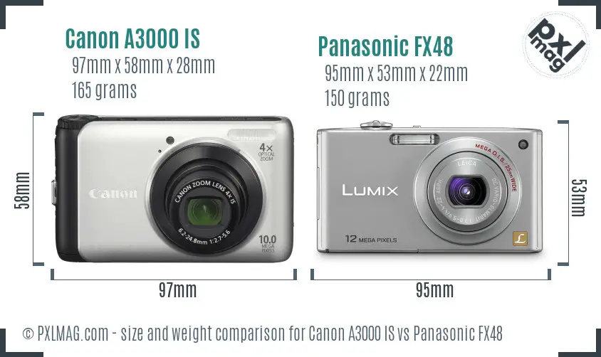 Canon A3000 IS vs Panasonic FX48 size comparison