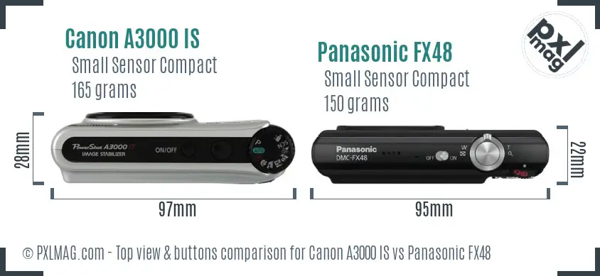 Canon A3000 IS vs Panasonic FX48 top view buttons comparison