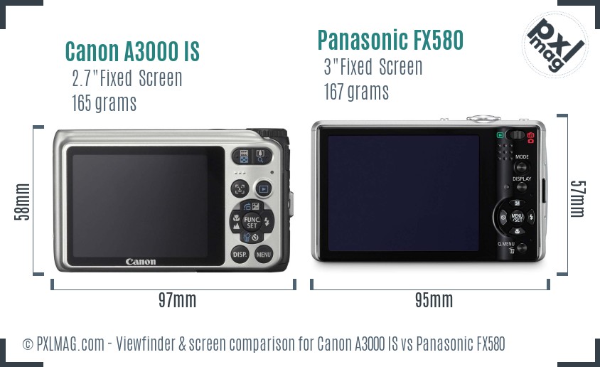 Canon A3000 IS vs Panasonic FX580 Screen and Viewfinder comparison