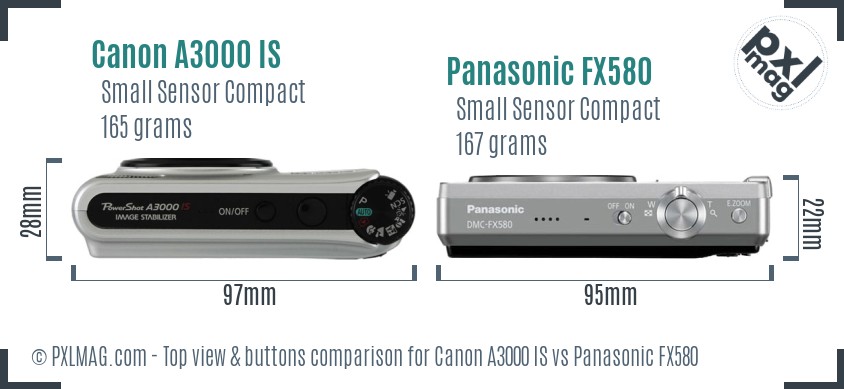 Canon A3000 IS vs Panasonic FX580 top view buttons comparison