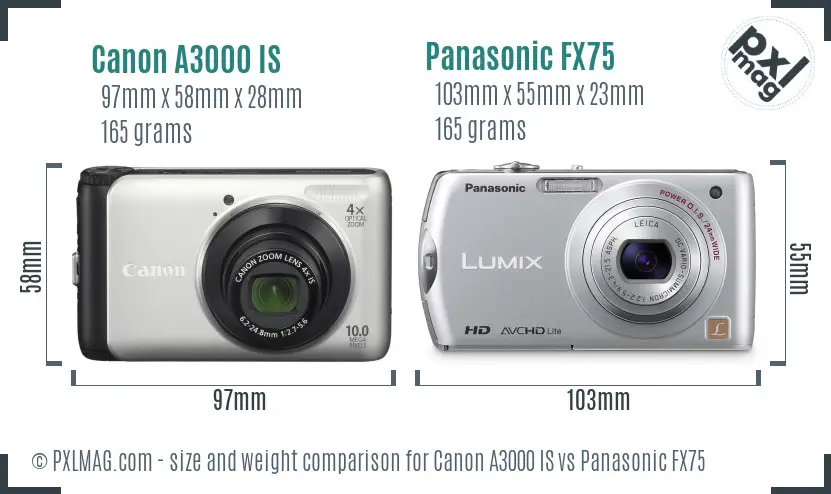 Canon A3000 IS vs Panasonic FX75 size comparison Canon A3000 IS vs Panasonic FX75 size comparison
