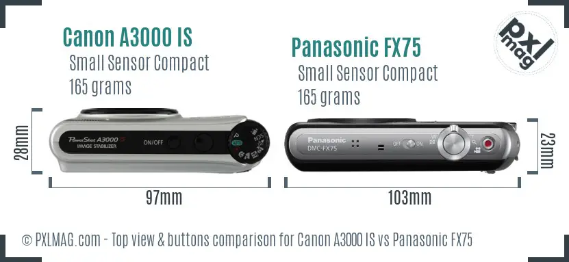 Canon A3000 IS vs Panasonic FX75 top view buttons comparison Canon A3000 IS vs Panasonic FX75 top view buttons comparison