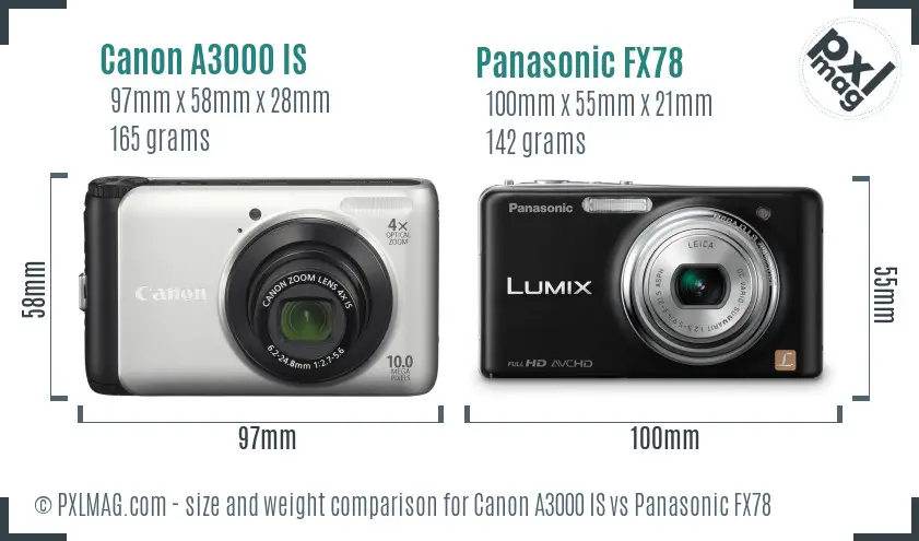 Canon A3000 IS vs Panasonic FX78 size comparison