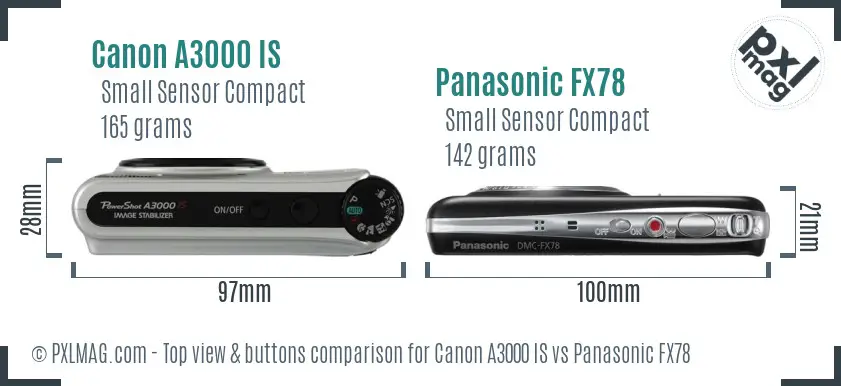 Canon A3000 IS vs Panasonic FX78 top view buttons comparison