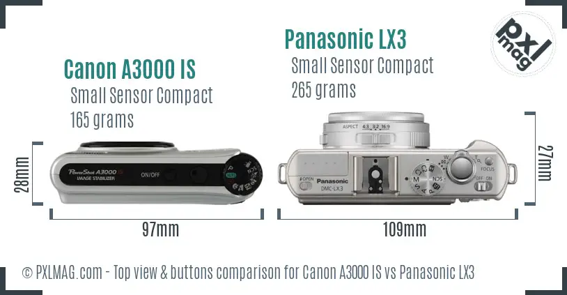 Canon A3000 IS vs Panasonic LX3 top view buttons comparison