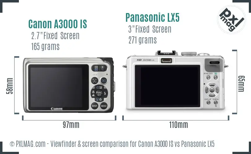 Canon A3000 IS vs Panasonic LX5 Screen and Viewfinder comparison