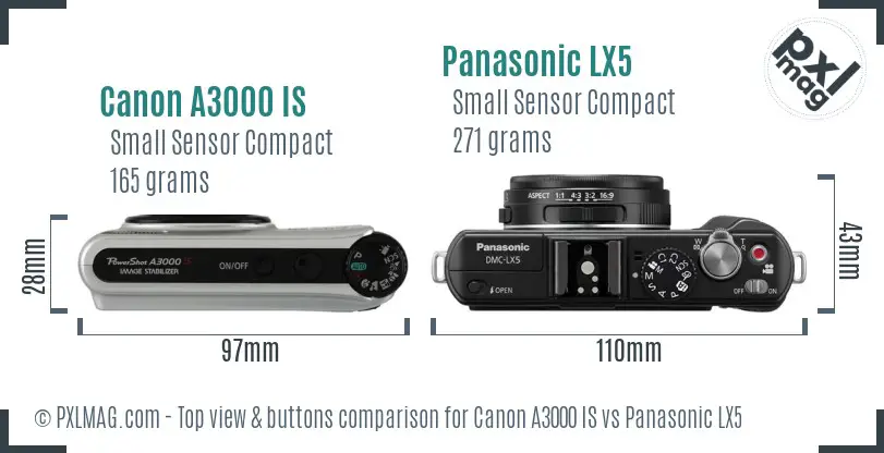Canon A3000 IS vs Panasonic LX5 top view buttons comparison
