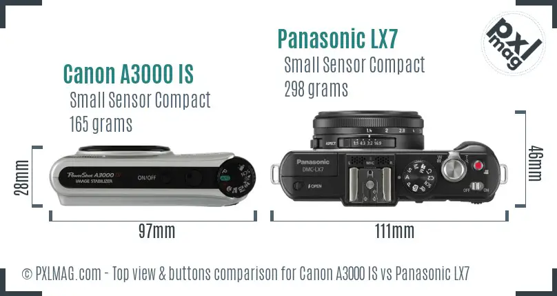 Canon A3000 IS vs Panasonic LX7 top view buttons comparison