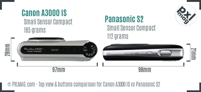 Canon A3000 IS vs Panasonic S2 top view buttons comparison Canon A3000 IS vs Panasonic S2 top view buttons comparison